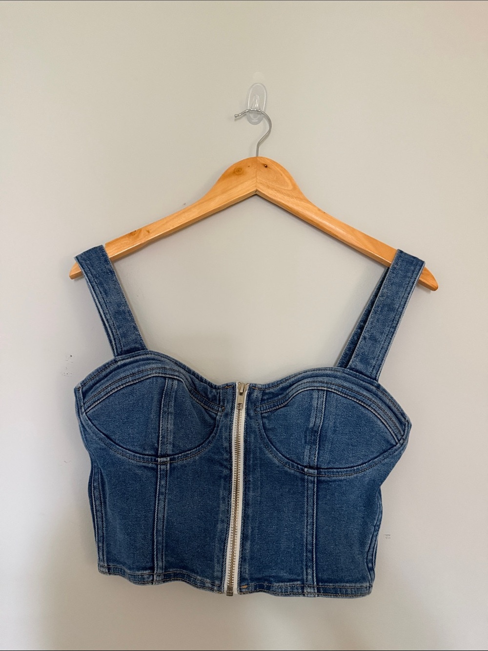 Etica Dark Blue Denim Bustier Crop Top with Front Zip